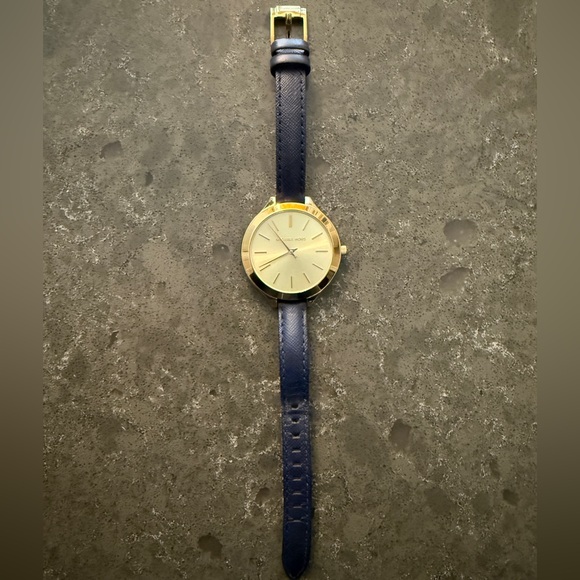 Michael Kors Gold Dial Watch with Slim Navy Blue Leather Strap - Picture 4 of 12